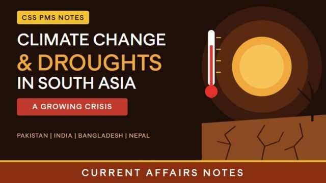 Thumbnail for "Climate Change and Droughts in South Asia: A Growing Crisis," showing a blazing sun over cracked dry earth with a dead tree and a thermometer, with CSS PMS Notes and Current Affairs Notes branding.