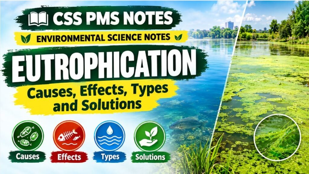 Eutrophication: Causes, Effects, Types and Solutions – environmental science thumbnail showing nutrient pollution, algal blooms, oxygen depletion, and aquatic ecosystem damage, with CSS PMS NOTES and Environmental Science Notes branding.