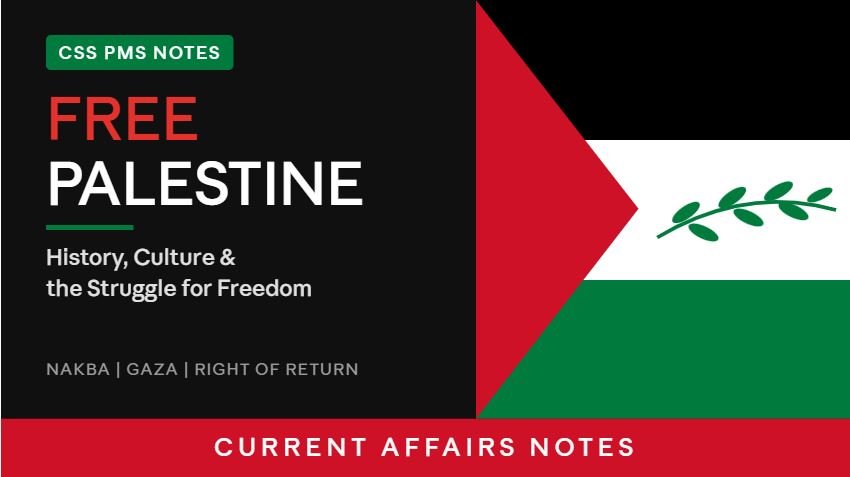 Thumbnail for "Free Palestine: History, Culture & the Struggle for Freedom," showing the Palestinian flag colors with an olive branch, plus CSS PMS Notes and Current Affairs Notes branding.