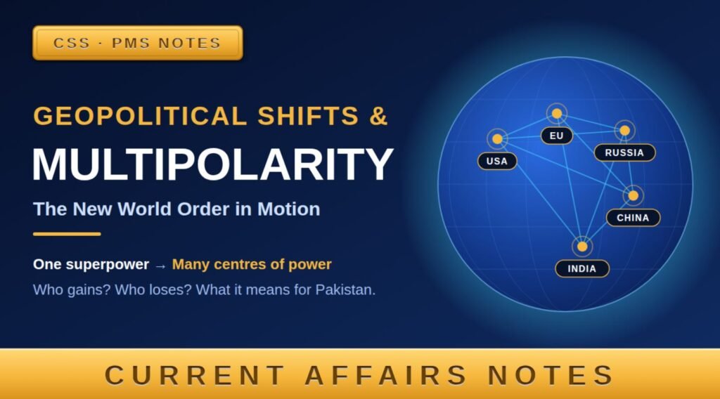 Navy and gold thumbnail titled "Geopolitical Shifts & Multipolarity: The New World Order in Motion," showing a glowing globe with USA, EU, Russia, China and India linked together. Labeled "CSS · PMS Notes" and "Current Affairs Notes."