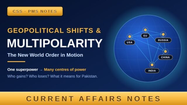 Navy and gold thumbnail titled "Geopolitical Shifts & Multipolarity: The New World Order in Motion," showing a glowing globe with USA, EU, Russia, China and India linked together. Labeled "CSS · PMS Notes" and "Current Affairs Notes."