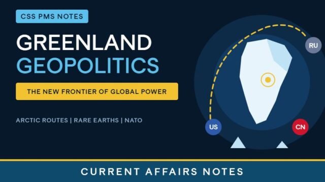 Thumbnail for "Greenland Geopolitics: The New Frontier of Global Power," showing a stylized Greenland with a dashed Arctic shipping route and US, RU, and CN markers, with CSS PMS Notes and Current Affairs Notes branding.