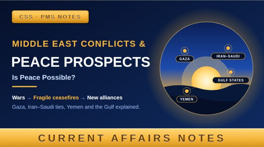 Navy and gold thumbnail titled "Middle East Conflicts & Peace Prospects: Is Peace Possible?" showing a sunrise over desert dunes with Gaza, Iran–Saudi, Gulf States and Yemen marked. Labeled "CSS · PMS Notes" and "Current Affairs Notes."