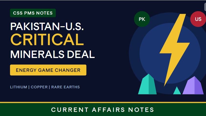 Thumbnail for "Pakistan–U.S. Critical Minerals Deal: Energy Game Changer," showing a yellow lightning bolt, mineral crystals, and PK and US badges, with CSS PMS Notes and Current Affairs Notes branding.