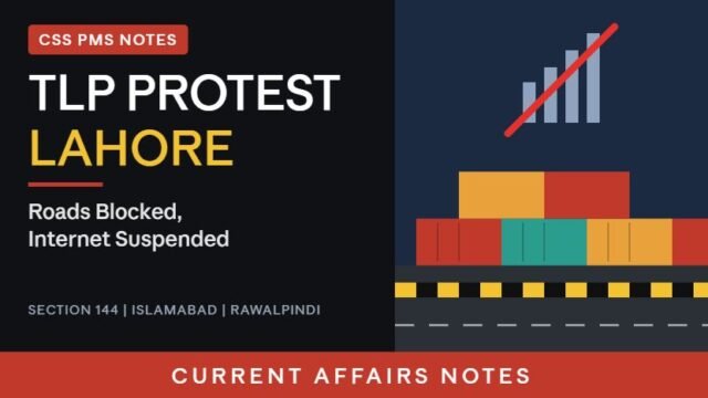 Thumbnail for "TLP Protest Lahore: Roads Blocked, Internet Suspended," showing shipping containers blocking a road and a crossed-out signal icon, with CSS PMS Notes and Current Affairs Notes branding.