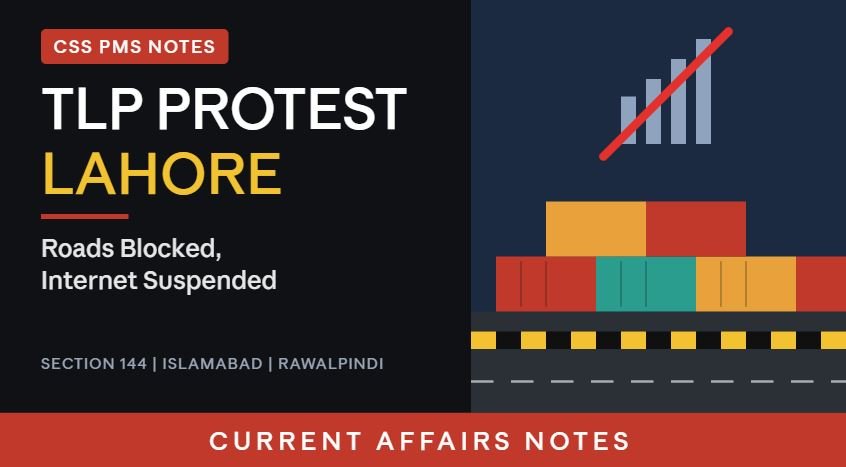Thumbnail for "TLP Protest Lahore: Roads Blocked, Internet Suspended," showing shipping containers blocking a road and a crossed-out signal icon, with CSS PMS Notes and Current Affairs Notes branding.