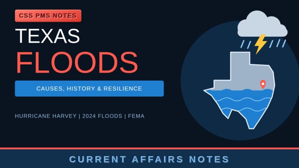 Thumbnail with a dark navy background showing a map of Texas partly filled with rising floodwater, a red location pin, and a storm cloud with lightning and rain above it. Text reads "CSS PMS Notes: Texas Floods, Causes, History & Resilience" with "Hurricane Harvey | 2024 Floods | FEMA" and a "Current Affairs Notes" banner.