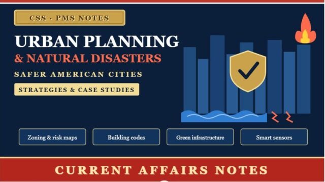 Thumbnail titled "Urban Planning & Natural Disasters: Safer American Cities" showing a city skyline behind a gold shield, with flood water, a wildfire flame, an engraved "CSS PMS Notes" plate, and a red "Current Affairs Notes" banner.