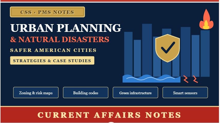 Thumbnail titled "Urban Planning & Natural Disasters: Safer American Cities" showing a city skyline behind a gold shield, with flood water, a wildfire flame, an engraved "CSS PMS Notes" plate, and a red "Current Affairs Notes" banner.