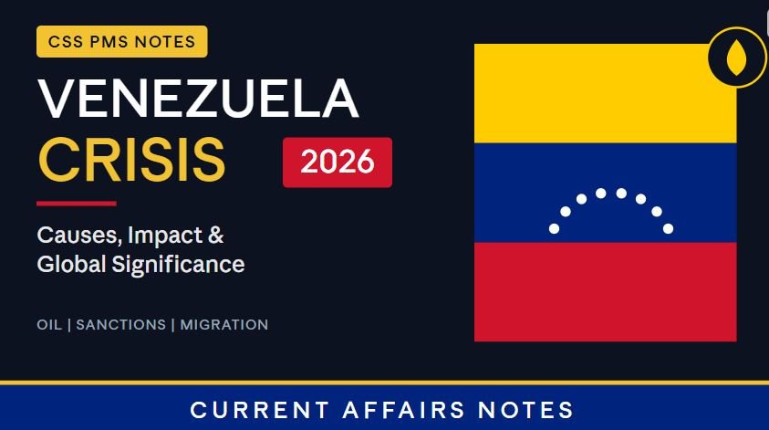 Thumbnail for "Venezuela Crisis 2026: Causes, Impact & Global Significance," showing the Venezuelan flag colors with a star arc and an oil drop icon, with CSS PMS Notes and Current Affairs Notes branding.