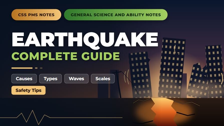 Earthquake notes thumbnail for CSS PMS showing collapsing buildings and a cracked ground, with General Science and Ability Notes.