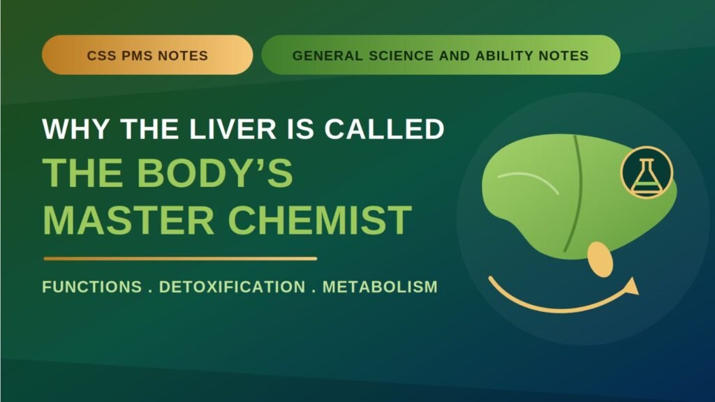 CSS PMS General Science and Ability notes thumbnail titled “Why the Liver Is Called the Body’s Master Chemist,” featuring a green liver illustration with a science flask icon on a dark green gradient background.