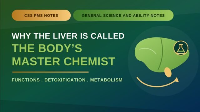 CSS PMS General Science and Ability notes thumbnail titled “Why the Liver Is Called the Body’s Master Chemist,” featuring a green liver illustration with a science flask icon on a dark green gradient background.
